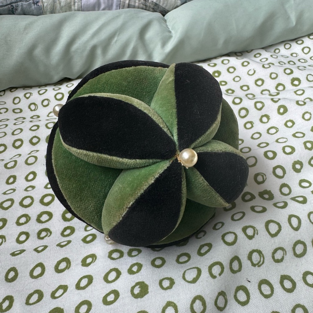 Green and Black Velvet antique pin cushion puzzle ball